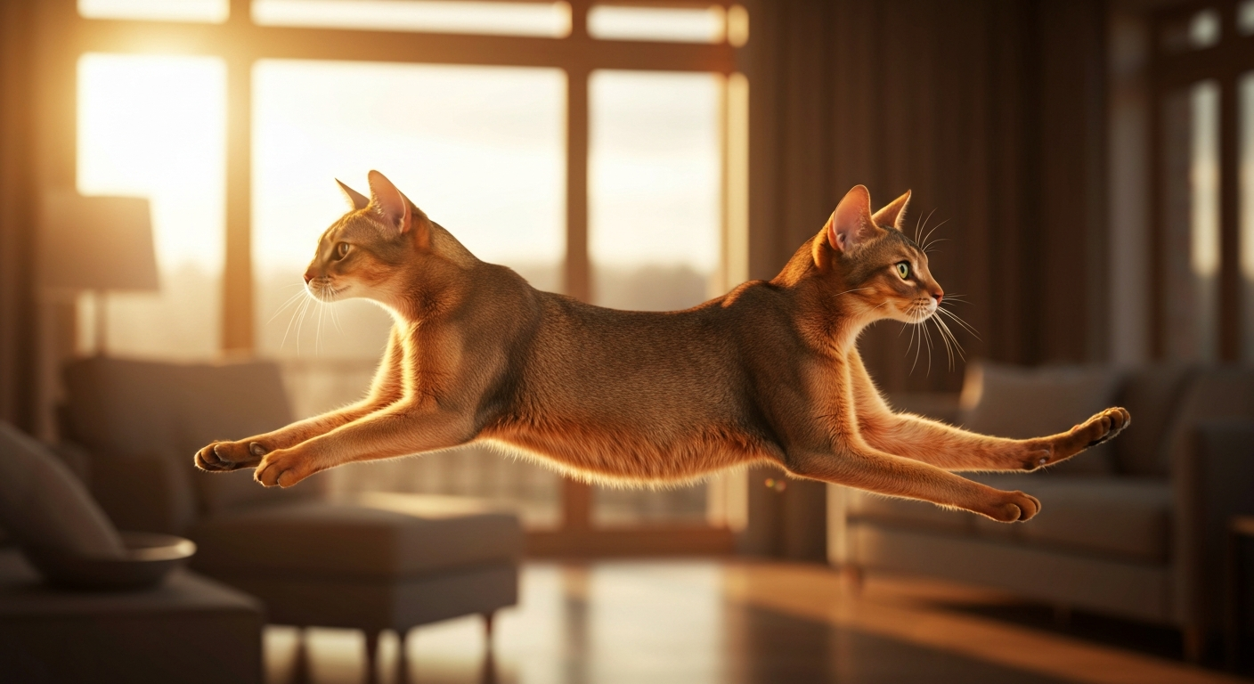 A sleek, athletic Abyssinian cat with a ticked ruddy coat captured mid-air as it leaps gracefully from a high wooden perch in a sunlit room.