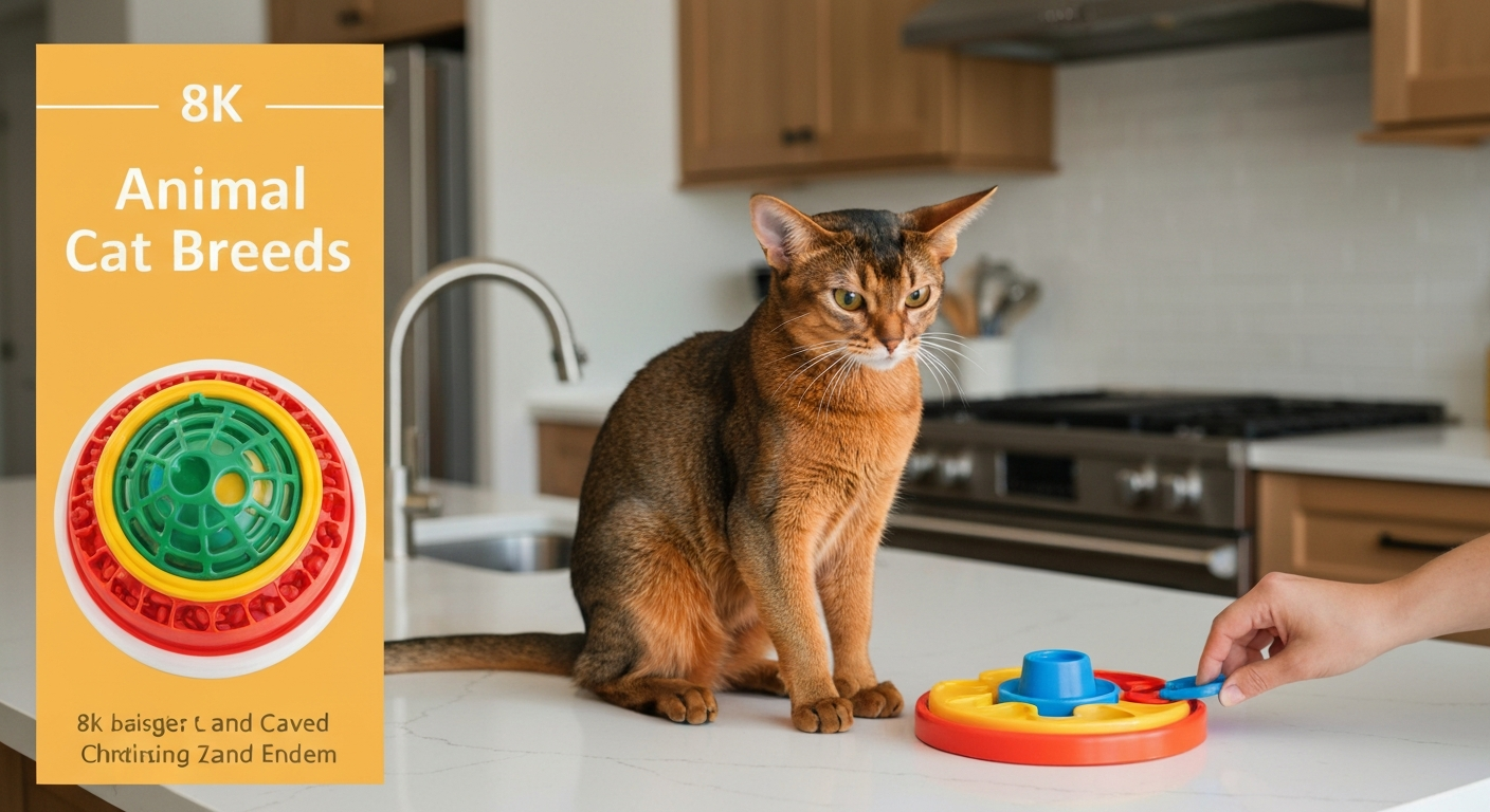 A close-up shot of a curious Abyssinian cat watching a colorful puzzle feeder on a kitchen counter.