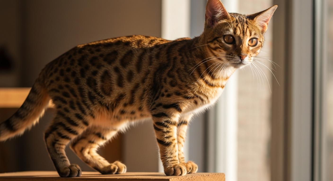 A slender domestic Abyssinian cat with a ruddy ticked coat standing alertly on a high wooden cat perch in a sunny room.