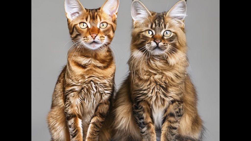 A sleek Abyssinian cat and a fluffy Somali cat sitting side-by-side