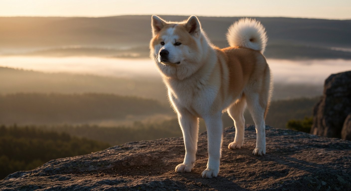 A beautiful, thick-coated Akita dog standing on a rock, looking out over a misty landscape at sunrise.