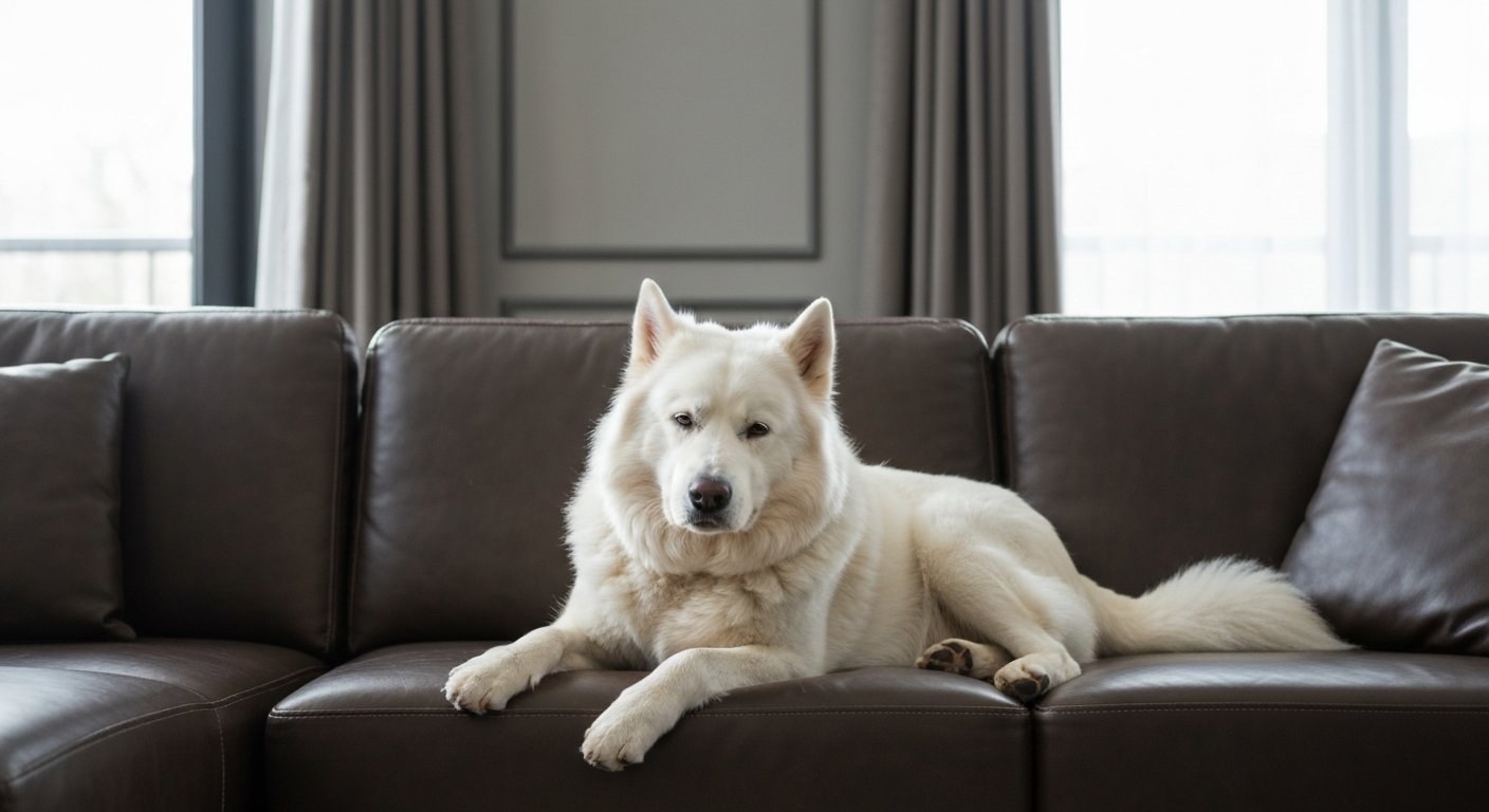 A person grooming a large Akita dog with an undercoat rake on a wooden floor, with piles of shed fur visible.