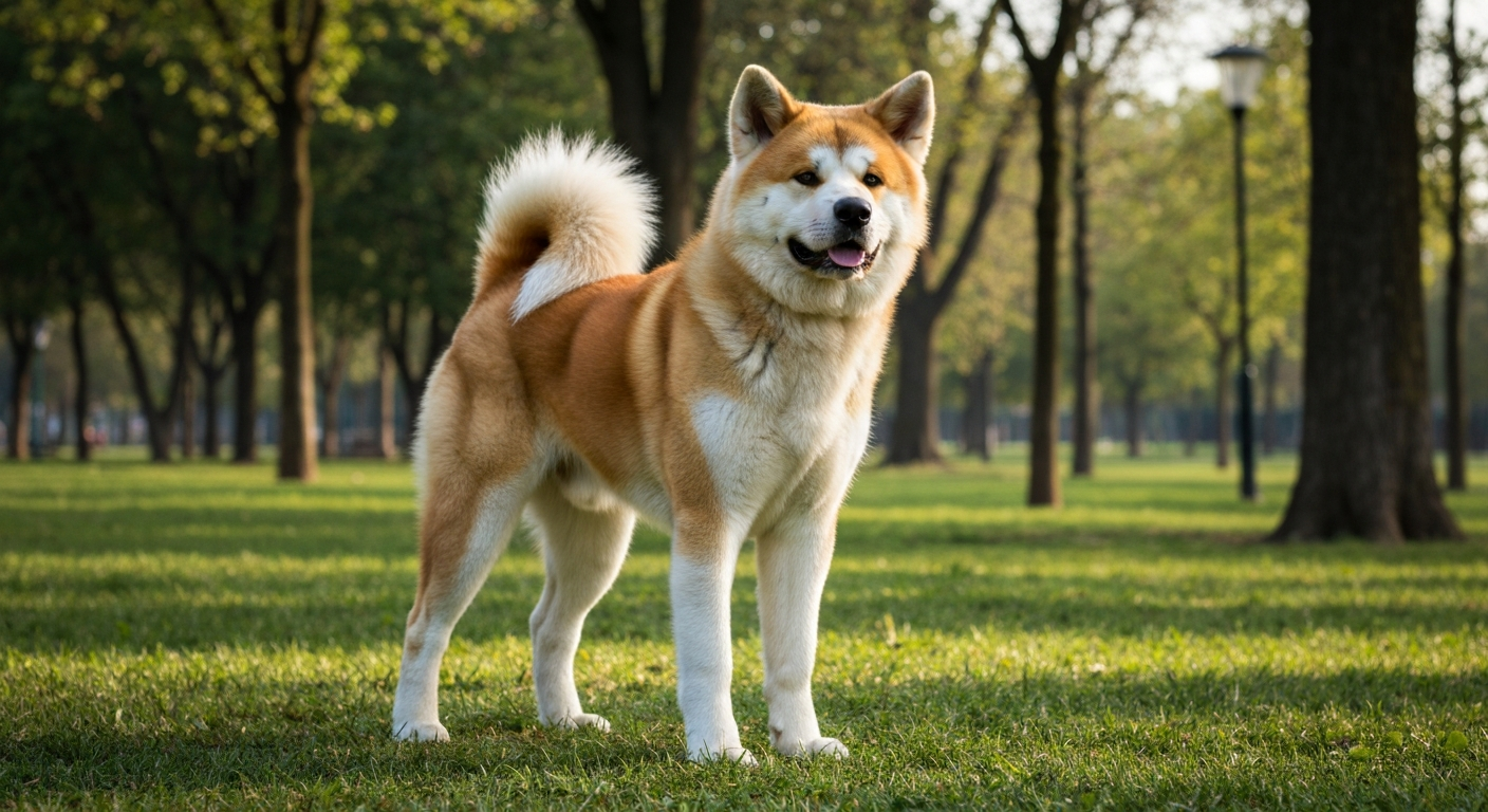 A majestic adult Akita dog standing proudly in a park