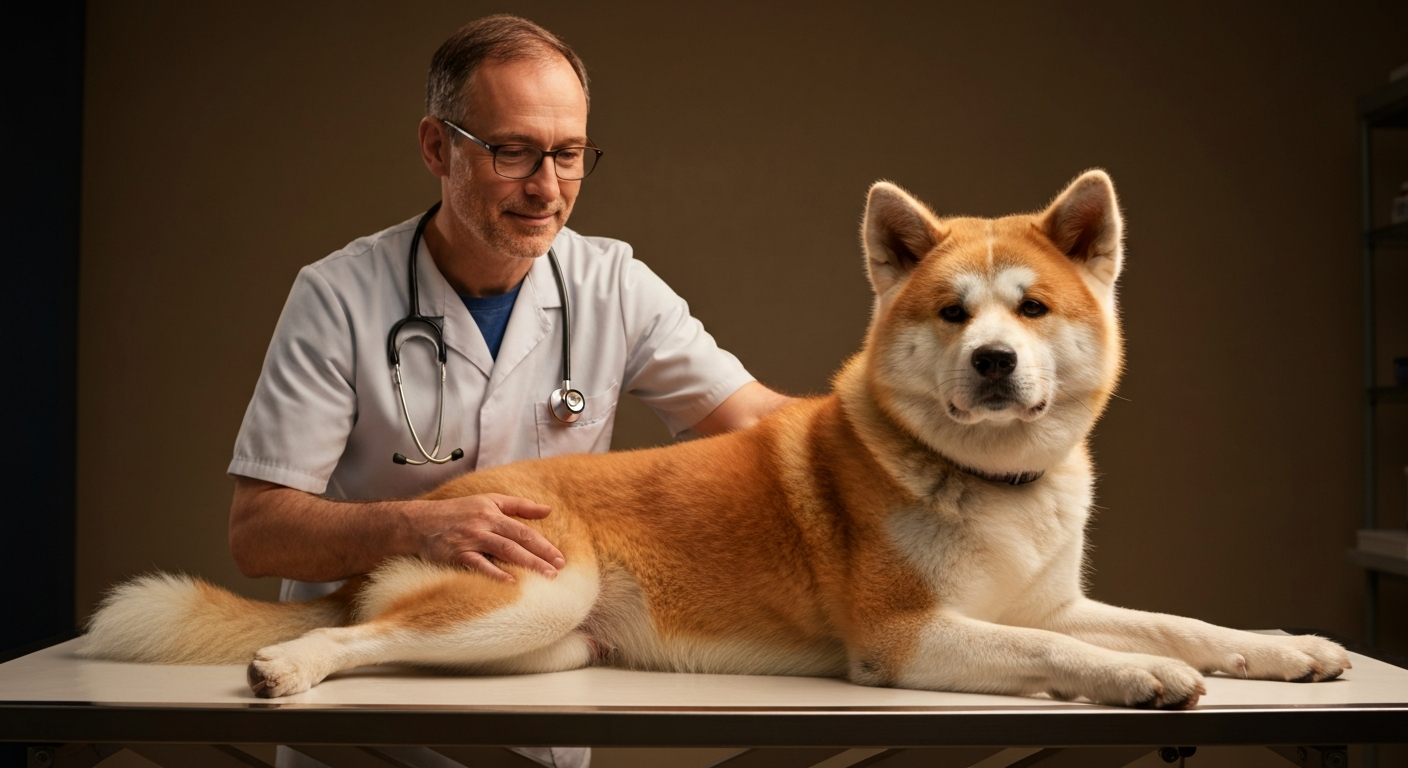 A veterinarian examining an Akita dog hip joint on an examination table