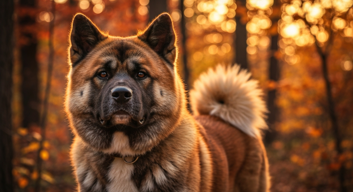A majestic American Akita dog with a thick fawn, white, and black coat standing in a forest with colorful autumn leaves.