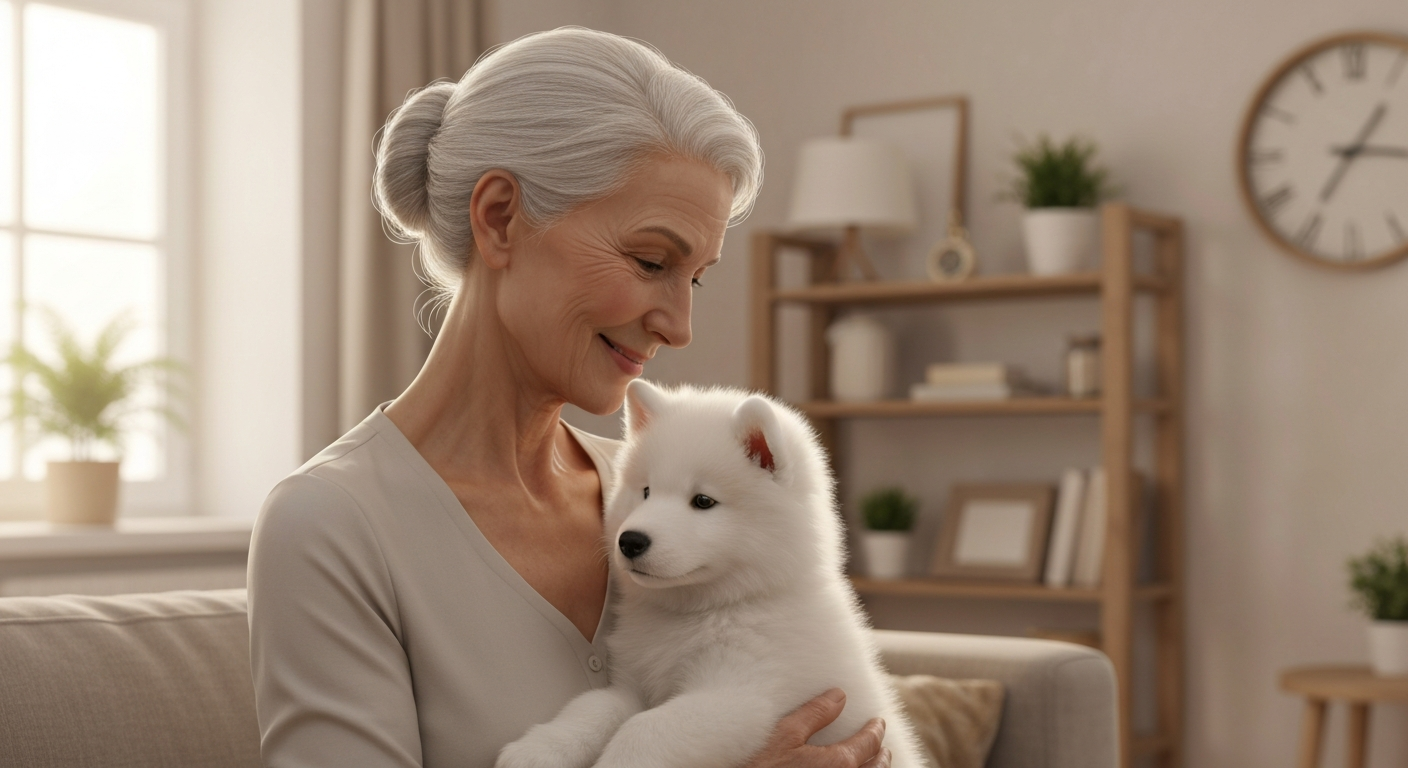 An older Akita with a gray muzzle eats its food from a blue plastic slow-feeder bowl inside a home.