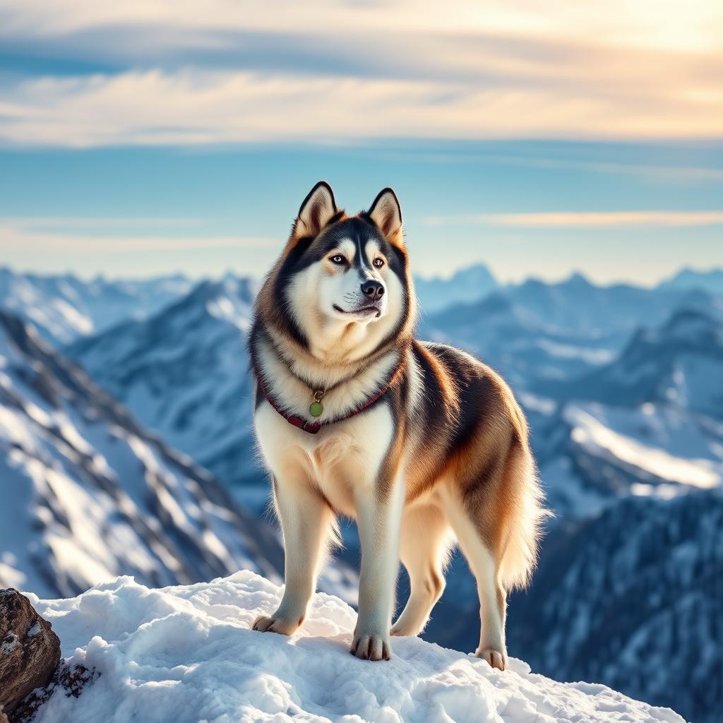 A powerful Alaskan Malamute dog standing on a snowy mountain peak.