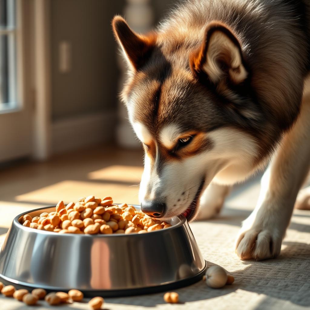An Alaskan Malamute dog eating its food from a bowl.
