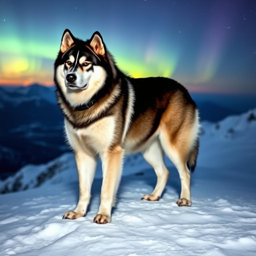 An adult Alaskan Malamute stands proudly on a snowy mountain peak.