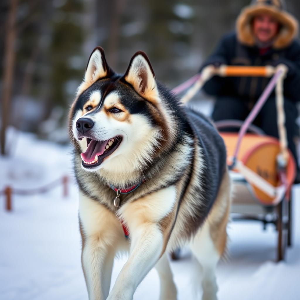 An Alaskan Malamute pulls a sled through a snowy landscape.
