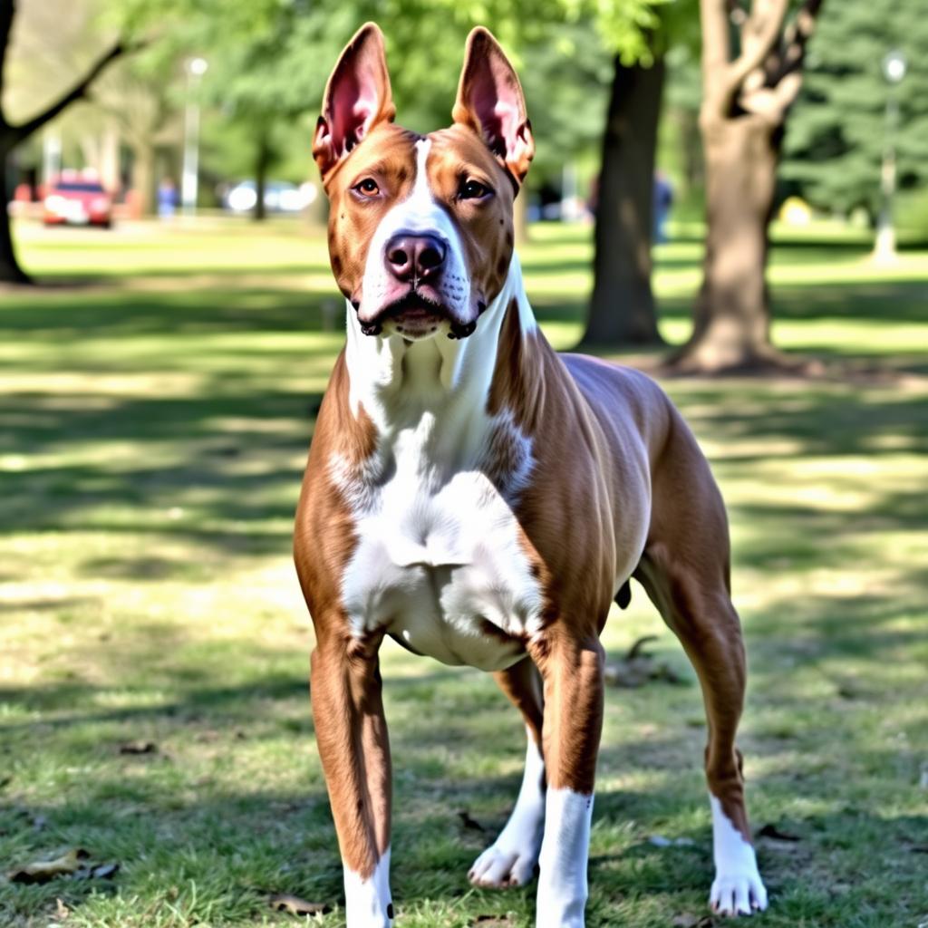 A powerful-looking Bull Terrier with its characteristic head shape standing proudly outdoors.