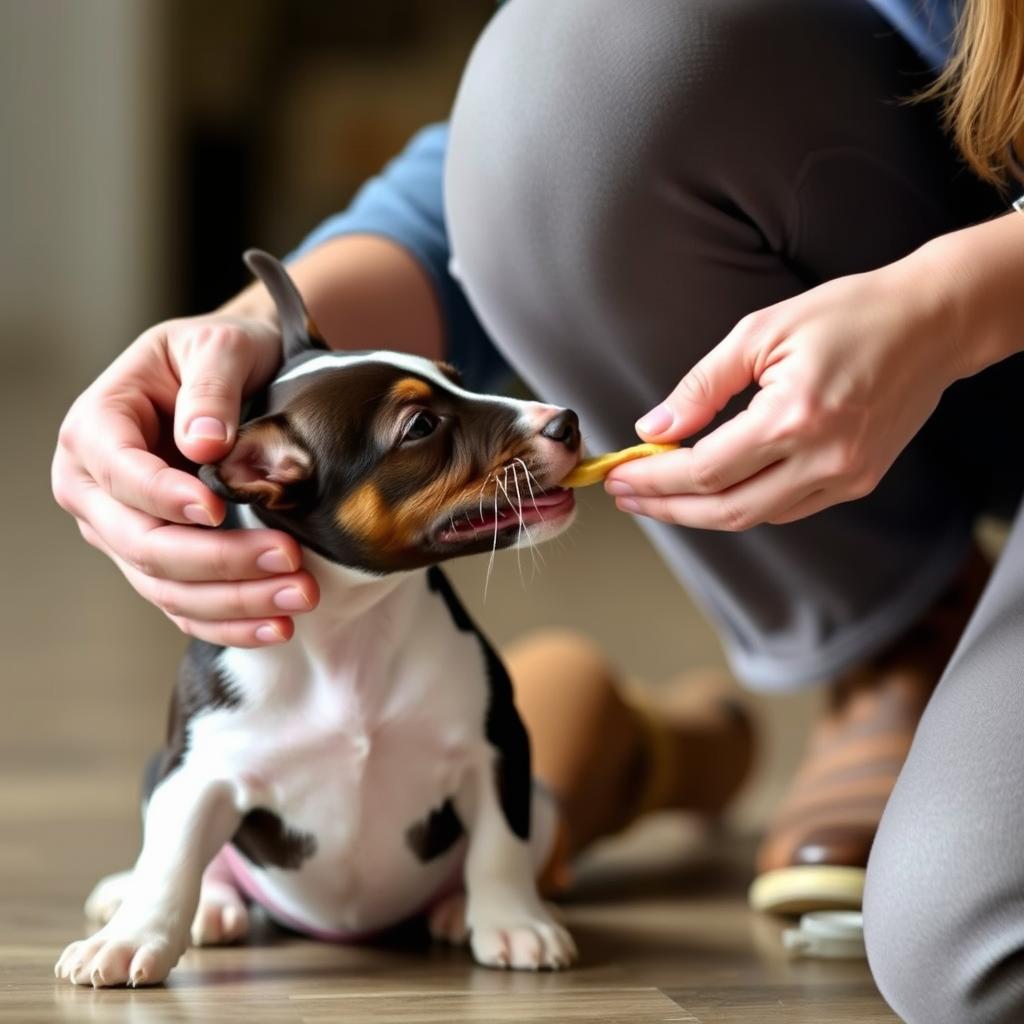 A person teaching a Bull Terrier puppy to sit using positive reinforcement.