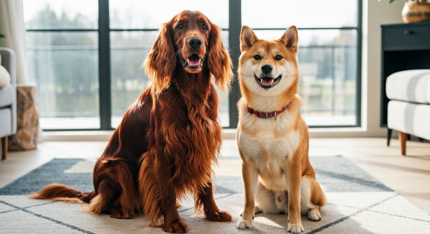 An Irish Setter and a Shiba Inu sitting side-by-side on a rug.
