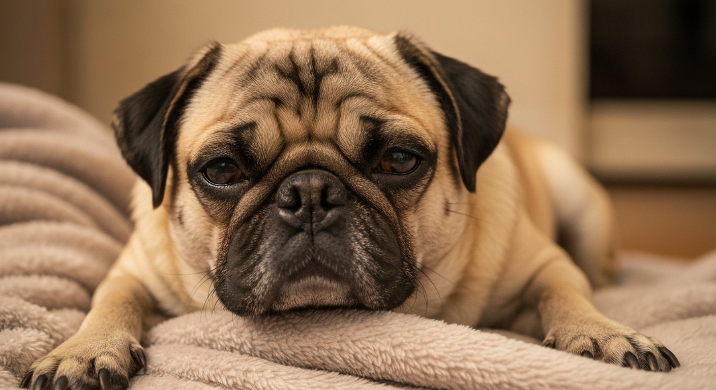 A playful pug with a wrinkled face and curly tail, full of charming, clown-like expression.
