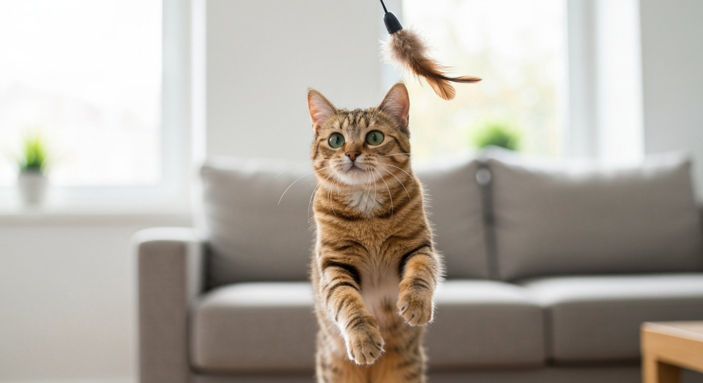 A content cat sitting next to a modern scratching post in a clean living room, ignoring the nearby sofa.