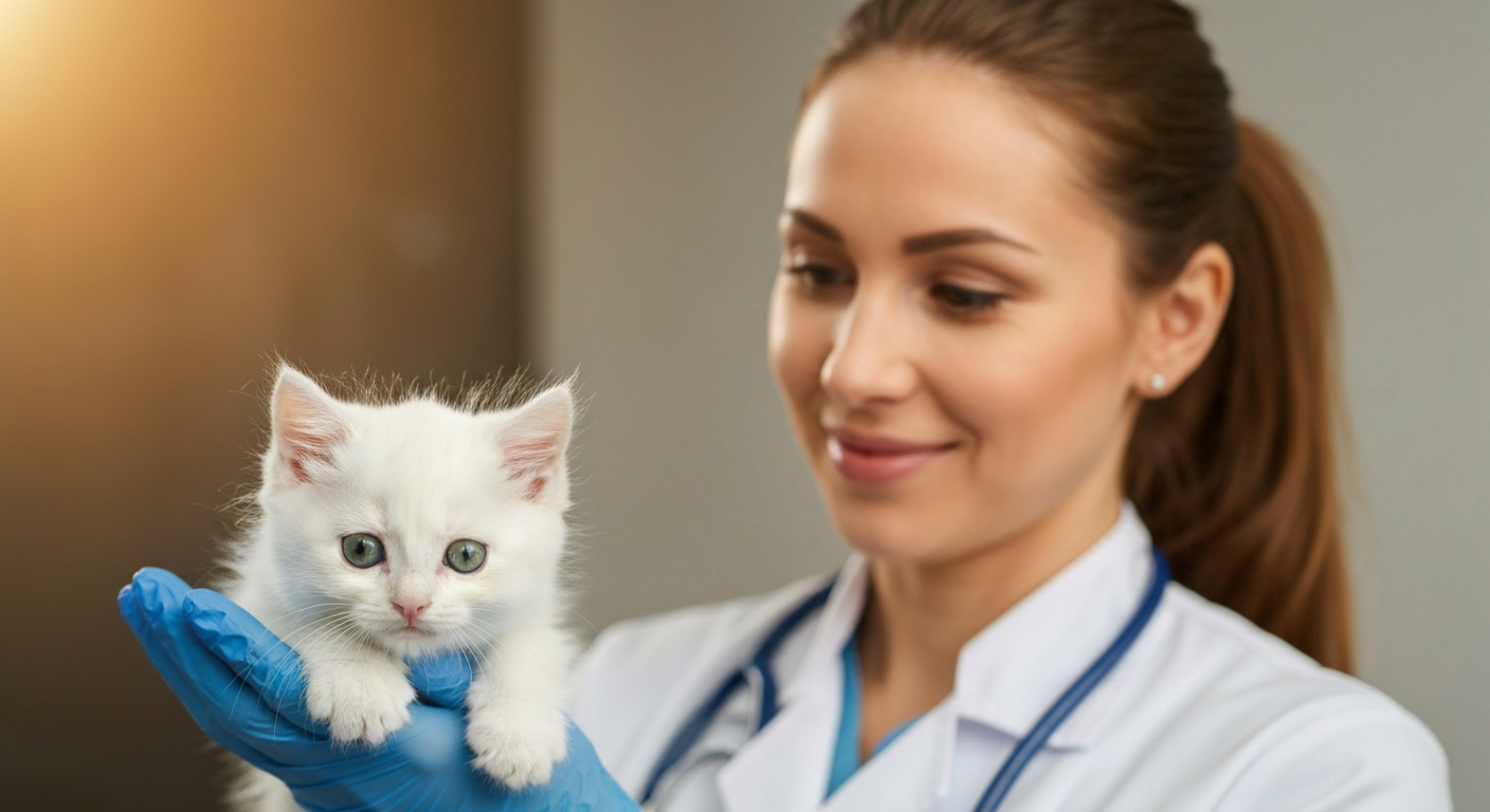 A veterinarian carefully examines a red merle Australian Shepherd's eye with a special lighted instrument in a clean, well-lit clinic.