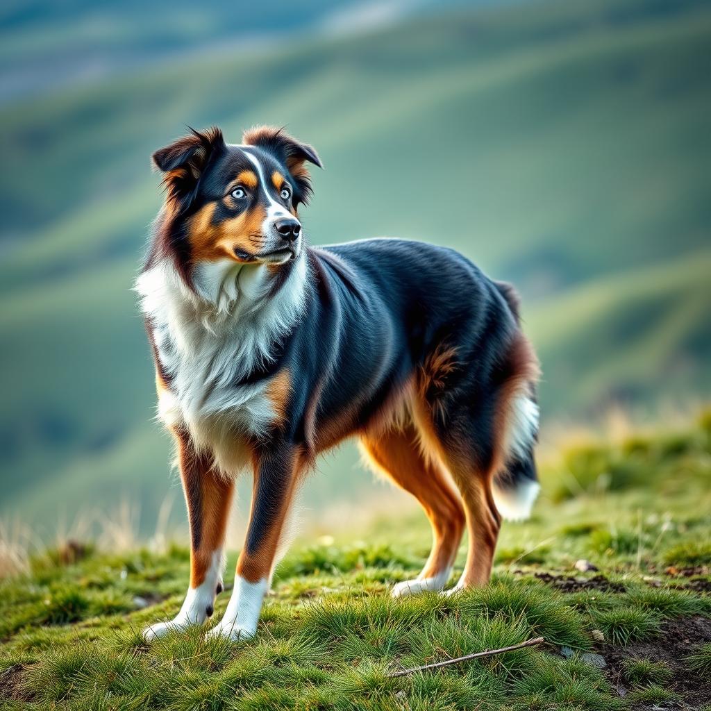 A majestic adult Australian Shepherd dog with striking blue eyes stands alert on a grassy hill.