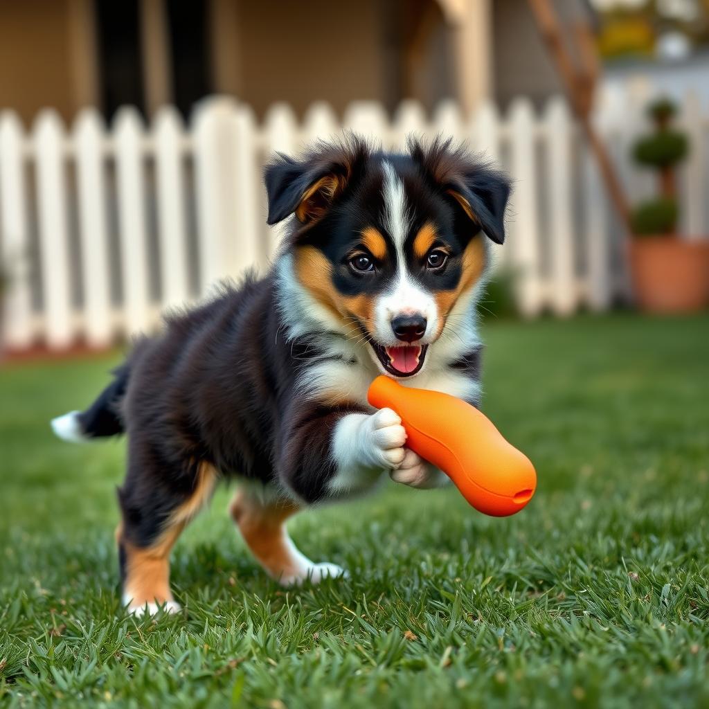 An energetic Australian Shepherd puppy plays fetch with a toy in a backyard.