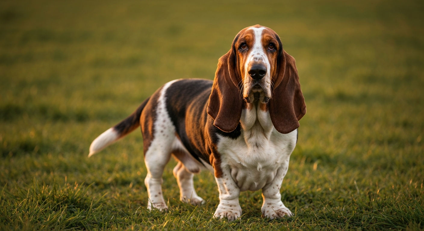 A tri-color Basset Hound with long, drooping ears and soulful eyes standing in a sunny, green field.