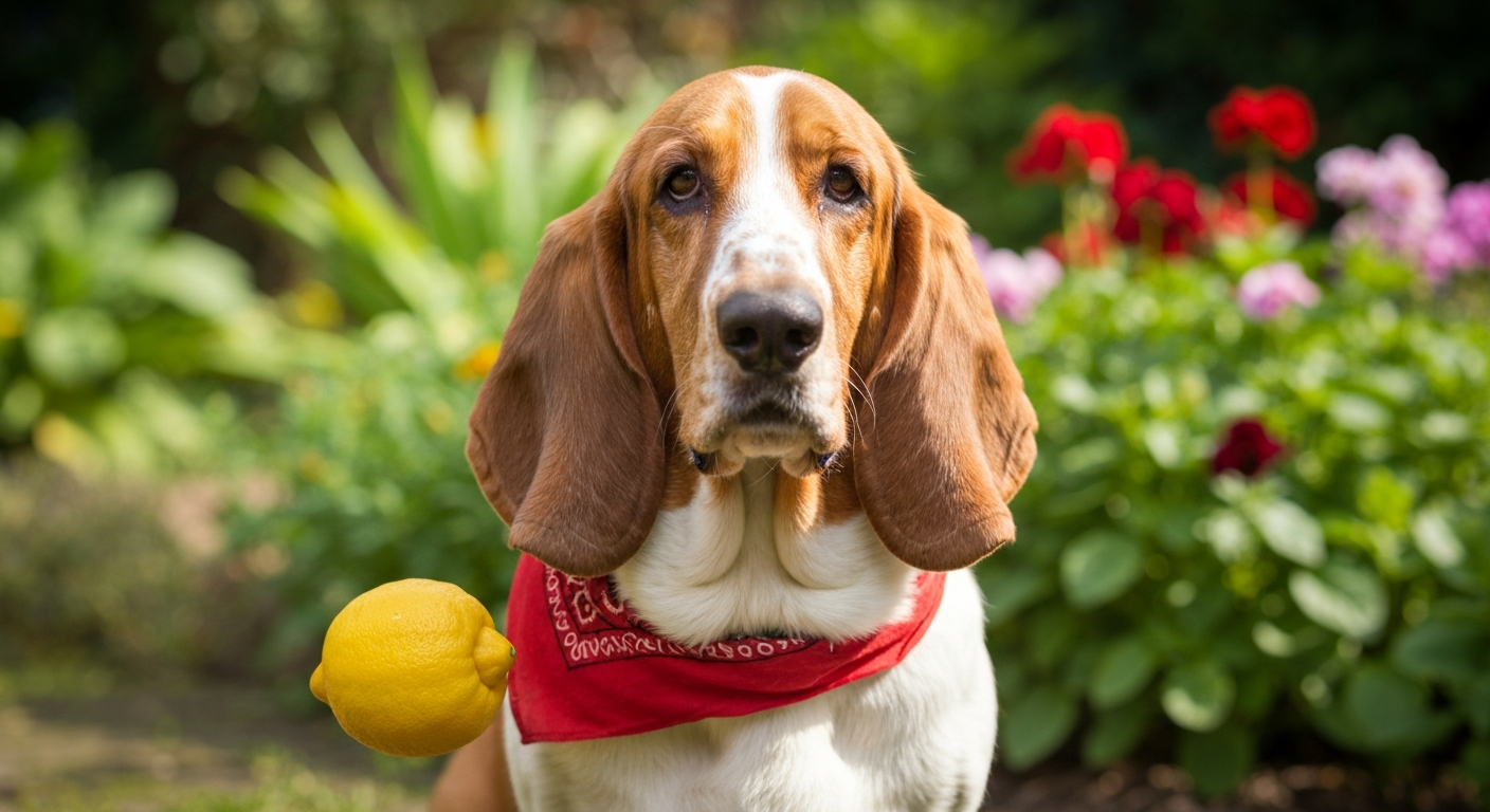 A Basset Hound with its nose in a blue slow-feeder bowl, eating kibble from the maze-like patterns.