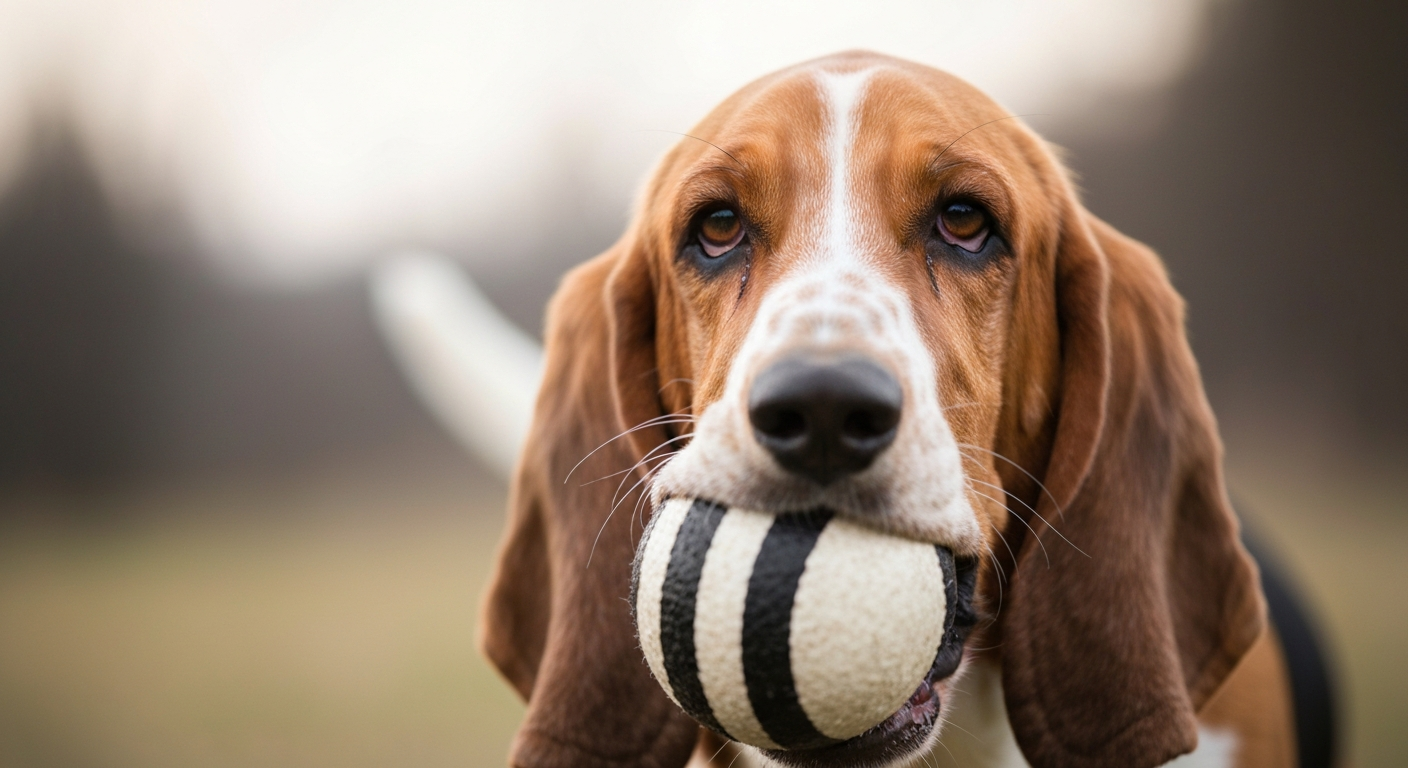 A top-down view of a Basset Hound sniffing for treats hidden inside a colorful fabric snuffle mat on a hardwood floor.