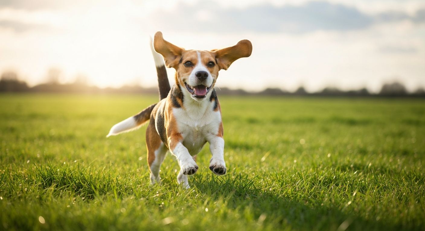 A happy tri-color Beagle with its ears flying back as it runs full speed across a lush green meadow on a sunny day.