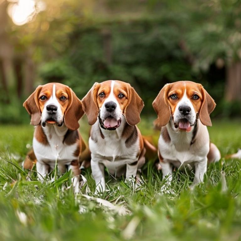 Three tri-color Beagle dogs sitting alertly on a grassy lawn.