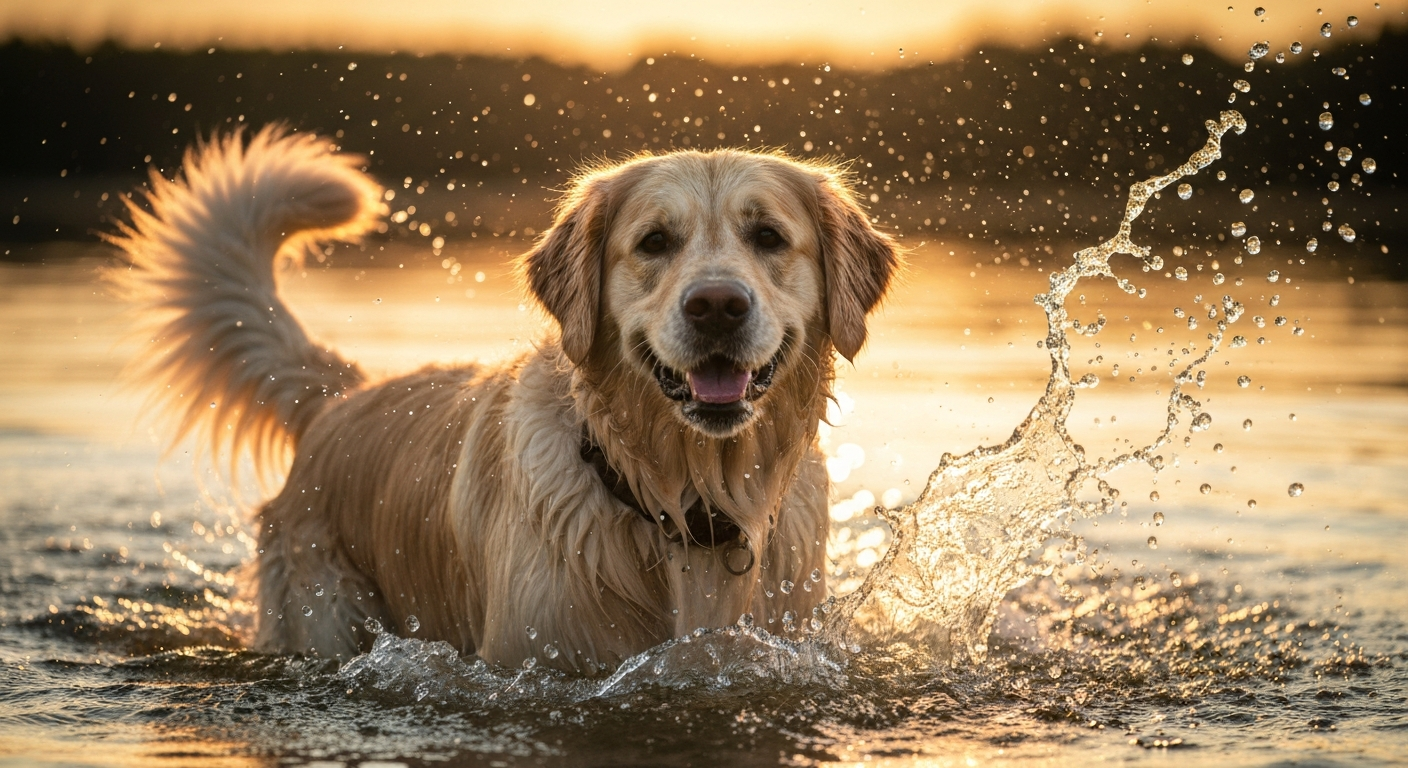 A wet Golden Retriever smiling and splashing in the water during a beautiful sunset.
