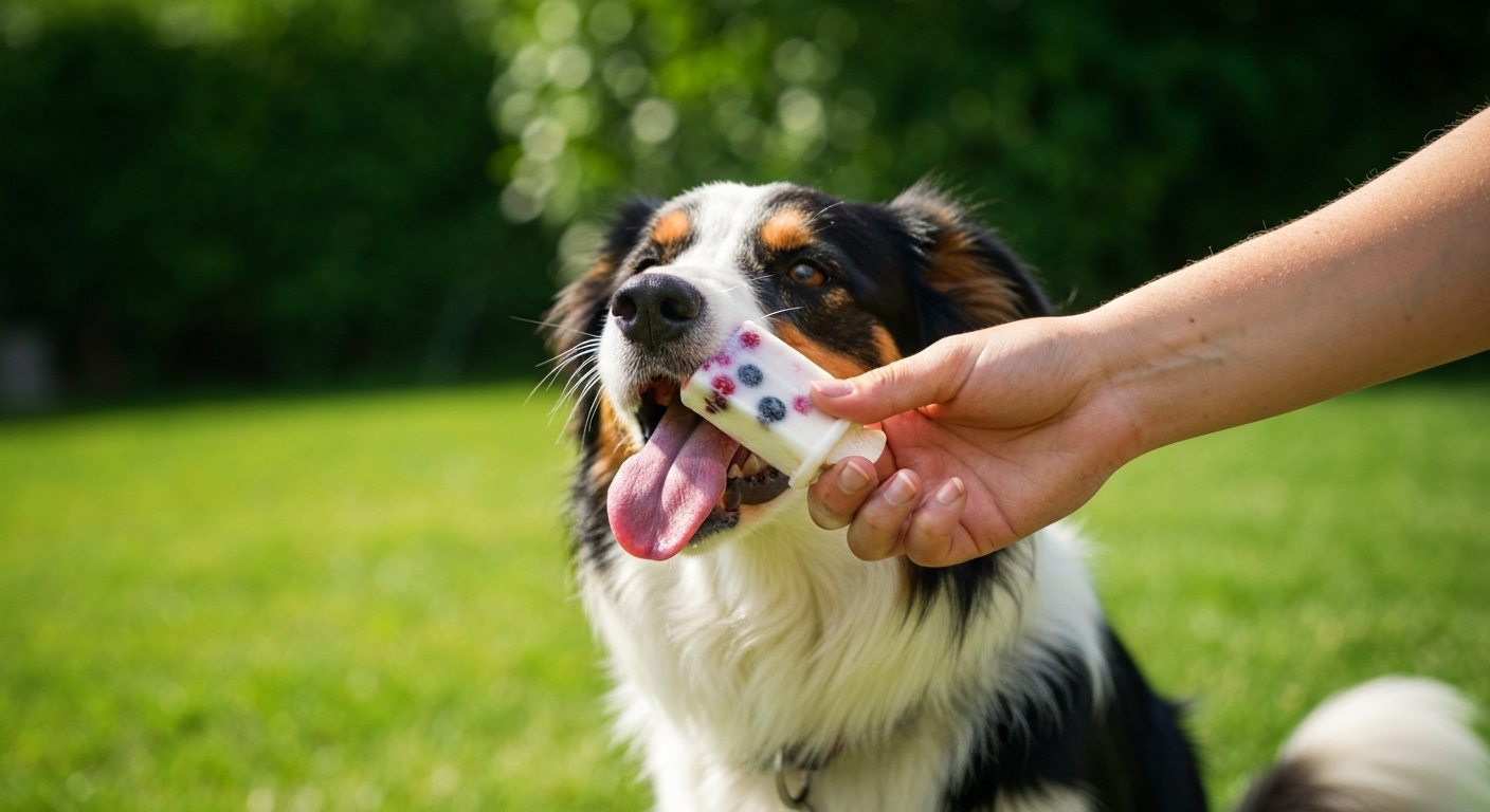 A person's hand holds a homemade frozen dog treat while a black and white Border Collie licks it.