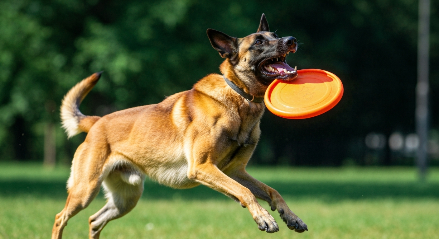 An athletic Belgian Malinois leaps high in the air to catch a red frisbee in a sunny park.