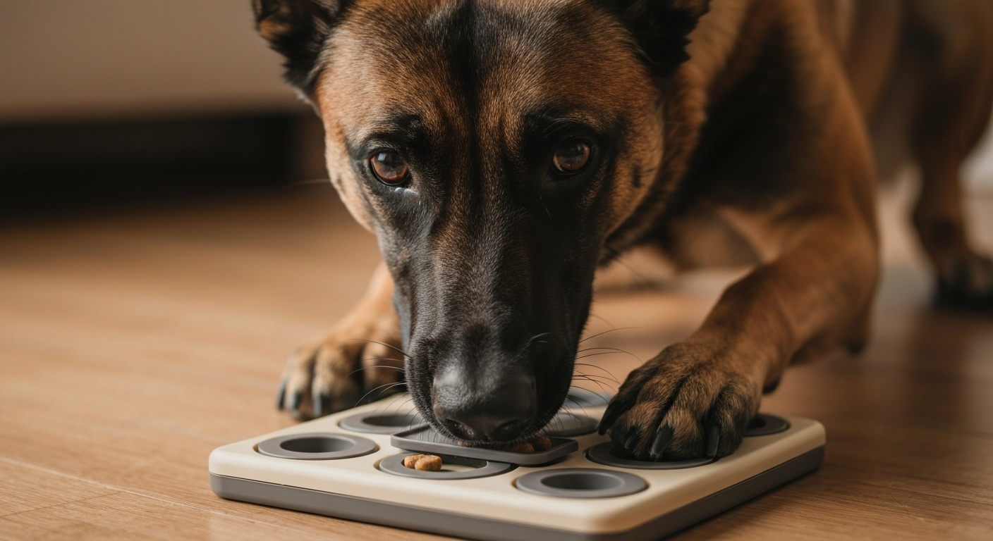 A fawn-colored Belgian Malinois intently uses its nose and paws to solve a wooden interactive puzzle feeder on the floor.