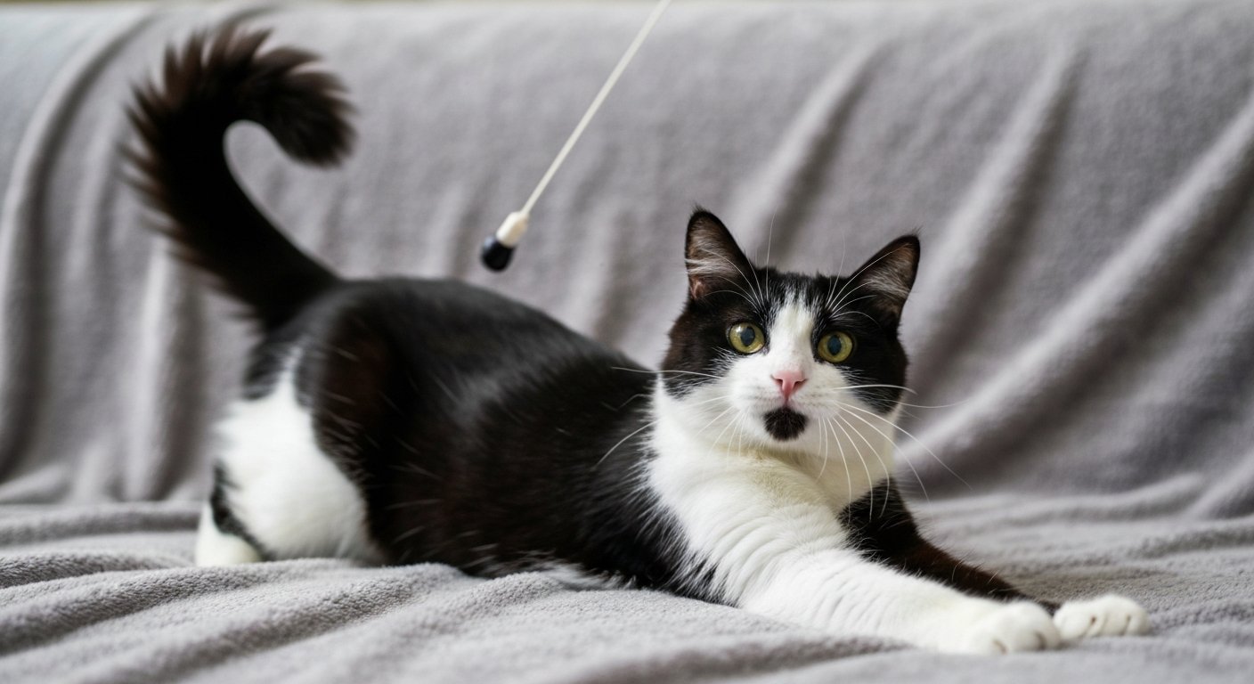 A stunning domestic Bengal cat with a spotted golden coat is frozen in mid-air as it athletically jumps towards a toy in a sunlit living room.