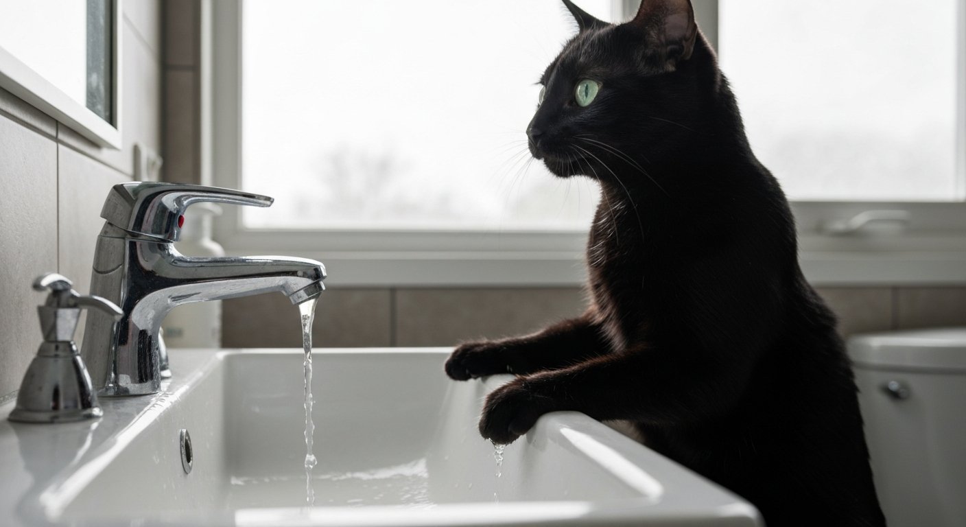 A sleek domestic Bengal cat balances on its hind legs, peering inquisitively at a drop of water falling from a bathroom tap.