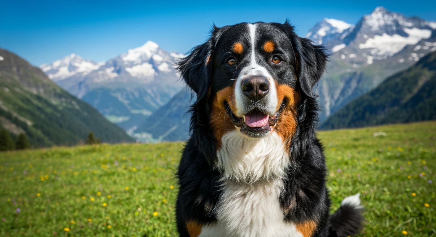 An adult Bernese Mountain Dog with a thick black, white, and rust coat sits proudly in a bright green alpine meadow under a sunny sky.
