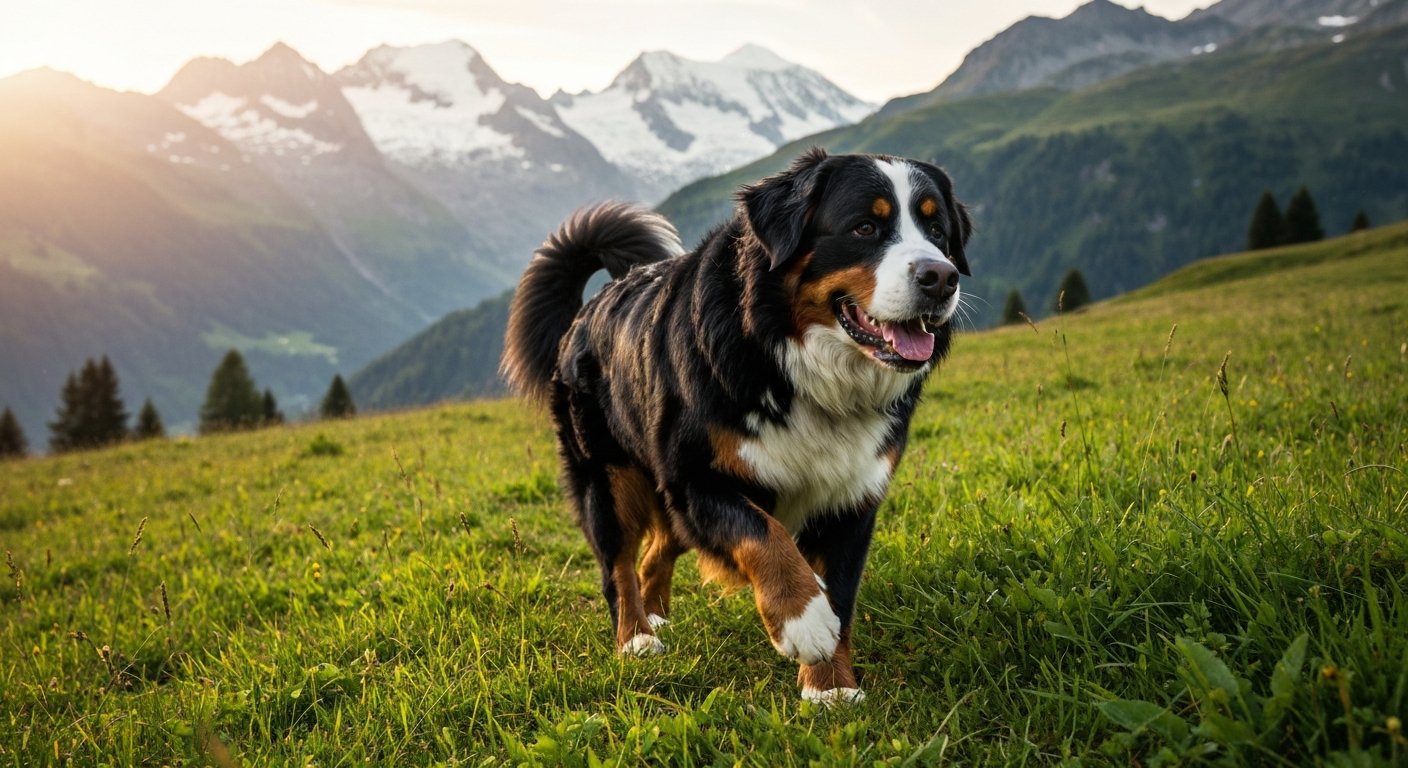 An adult tri-color Bernese Mountain Dog with a happy expression walks through a field of wildflowers with mountains in the distance.