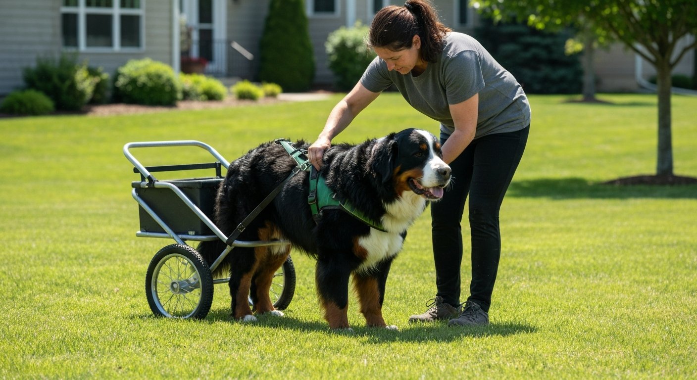 A person adjusts a leather harness on a Bernese Mountain Dog that is attached to a wooden cart, preparing for a carting activity.