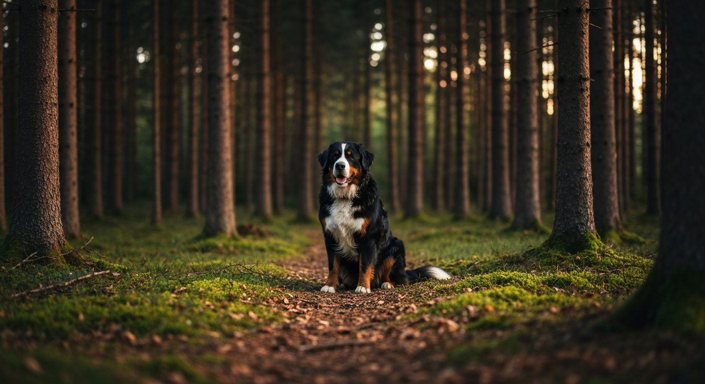 A large Bernese Mountain Dog and a small Pomeranian sitting opposite each other on a vibrant green lawn during sunset.
