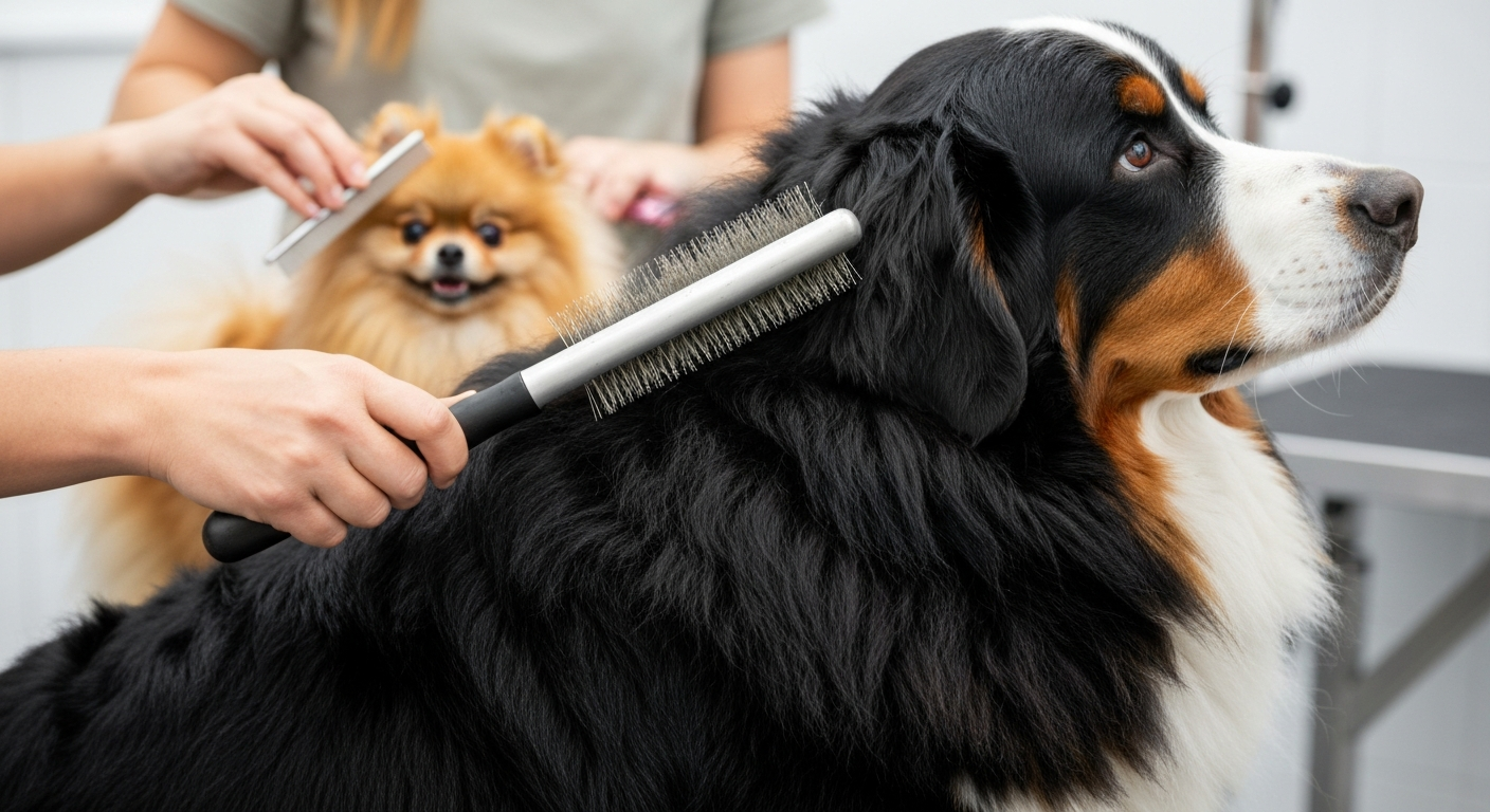 A person brushing the dense black, rust, and white fur of a Bernese Mountain Dog while a Pomeranian is groomed in the background.