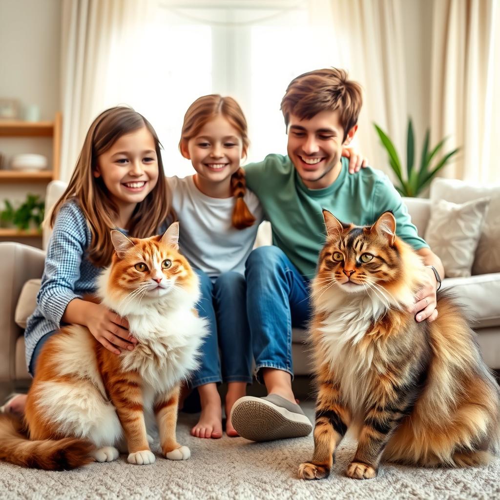 A family with two children are playing with a Ragdoll cat and a Maine Coon cat in a living room.
