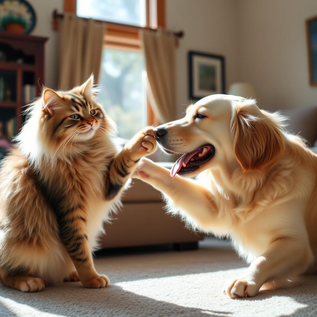 A large, fluffy Maine Coon cat and a happy Golden Retriever dog looking at each other in a bright living room.