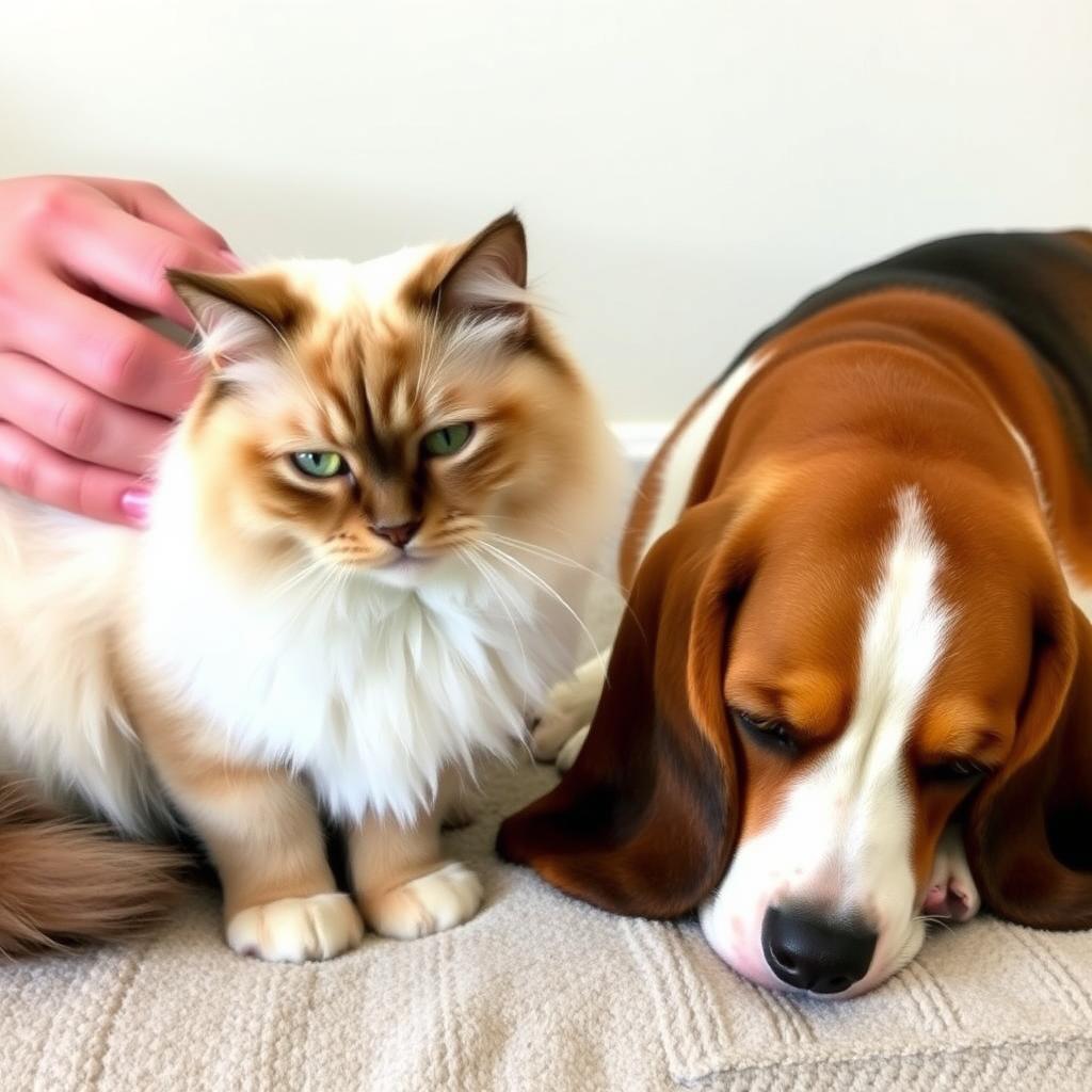 A Ragdoll cat enjoying affection from a person, with a Basset Hound dog lying on the floor nearby.