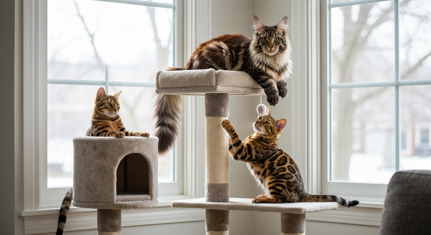 A large Maine Coon cat sits on the top perch of a multi-level cat tree while a spotted Bengal cat plays with a toy on a lower level in a sunlit room.