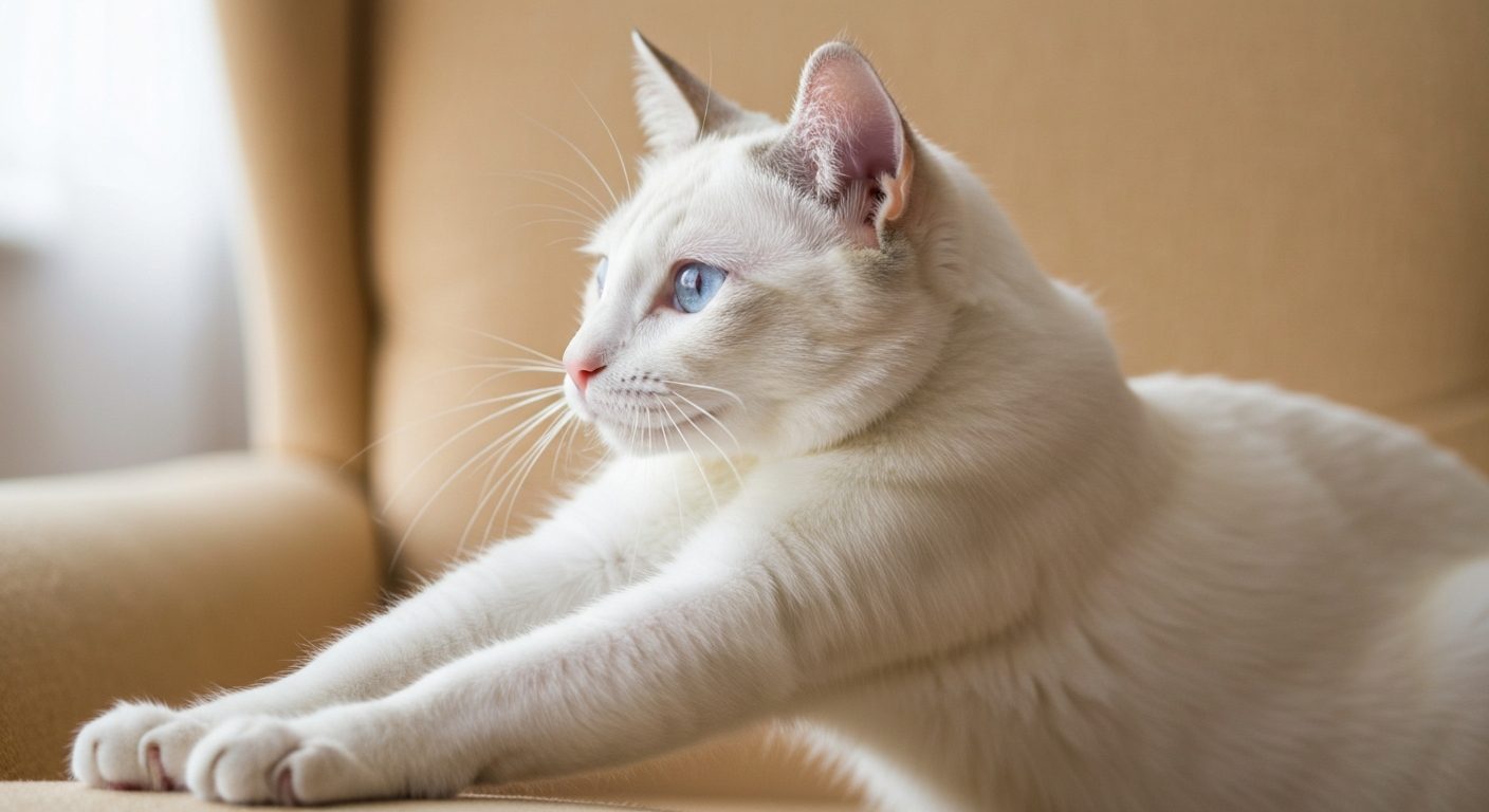 A side-view of a Siamese cat stretching its body upwards to scratch a tall sisal rope scratching post with its front paws.