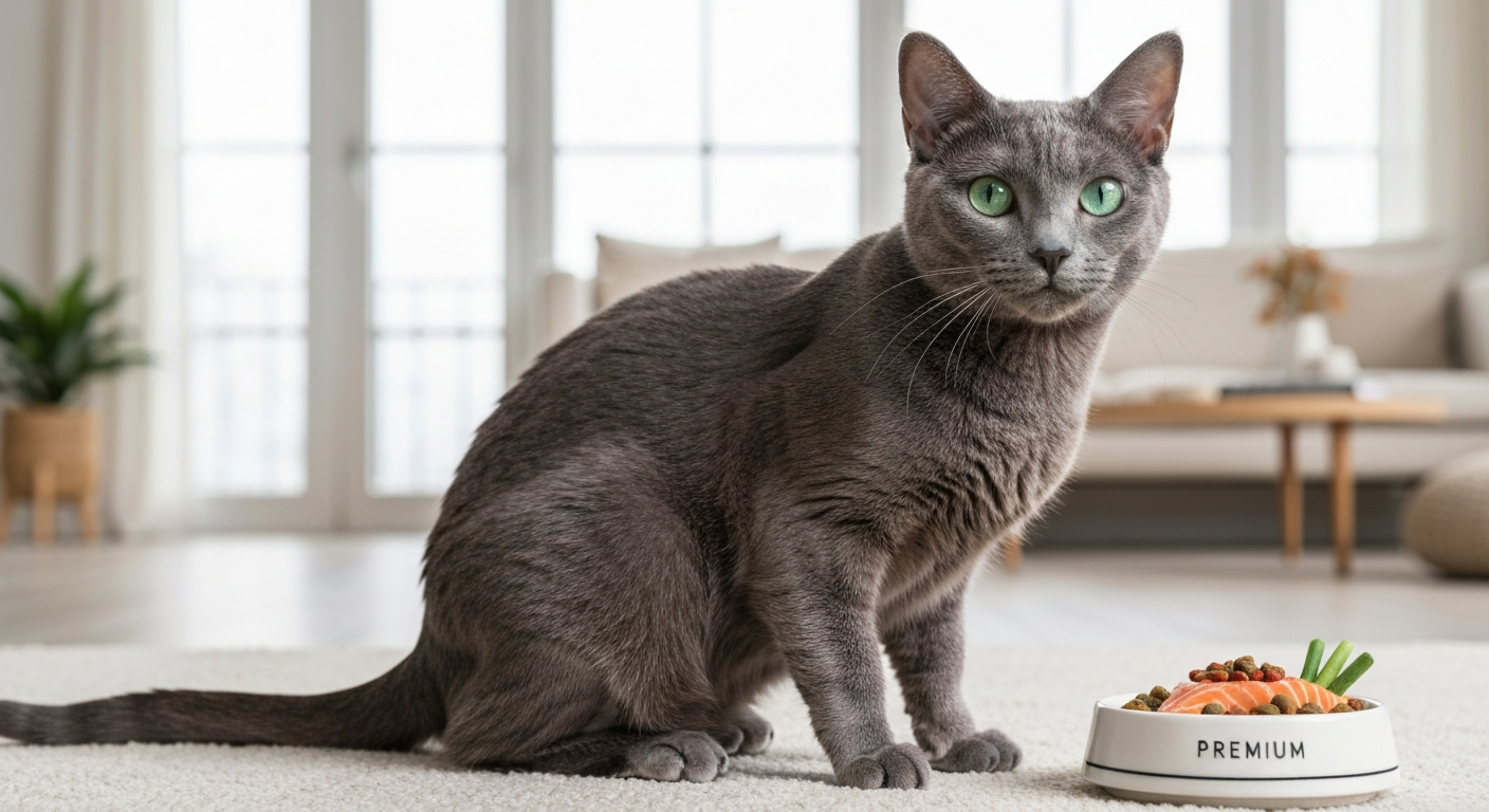 A muscular tailless domestic Manx cat standing next to a white ceramic food bowl on a wooden kitchen floor