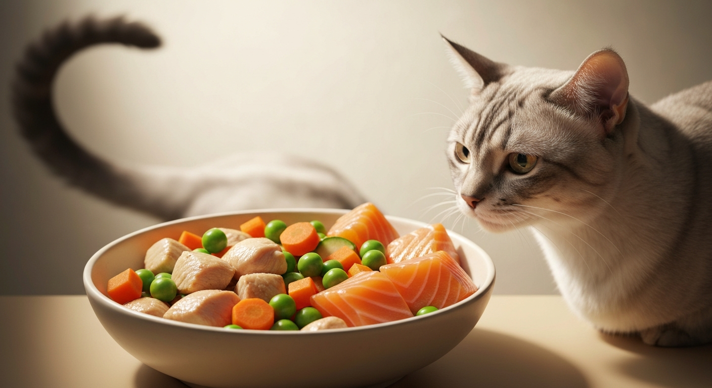 A muscular tailless domestic Manx cat standing next to a white ceramic food bowl on a wooden kitchen floor