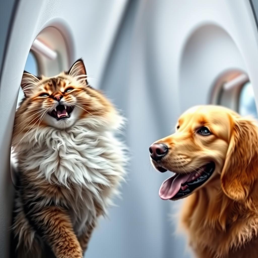 A Ragdoll cat and a Golden Retriever sit calmly in an airplane cabin, looking out the windows.