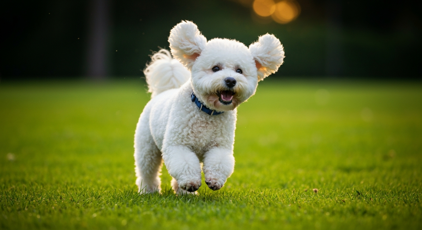 A cheerful white Bichon Frise dog running happily across a sunlit green lawn.
