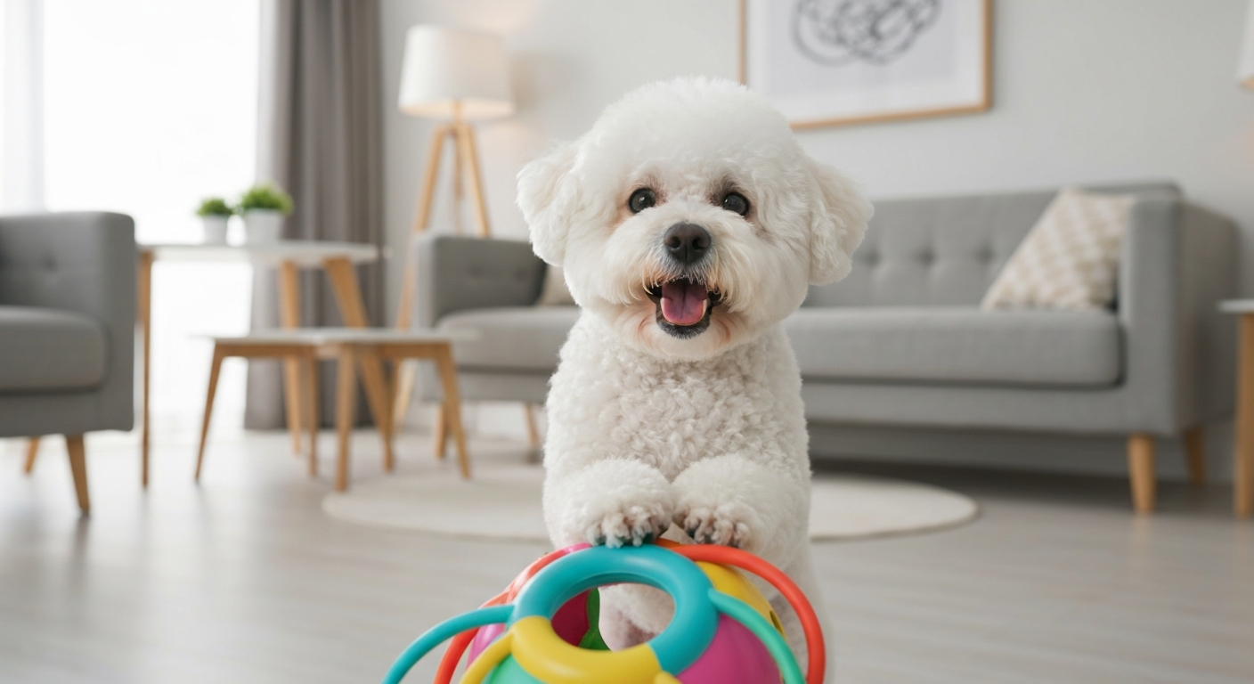 A white Bichon Frise dog uses its nose to solve a colorful puzzle feeder on a wooden floor.