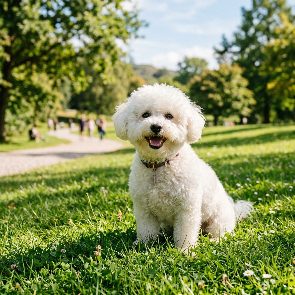 A fluffy white Bichon Frise dog with a happy expression in a park.