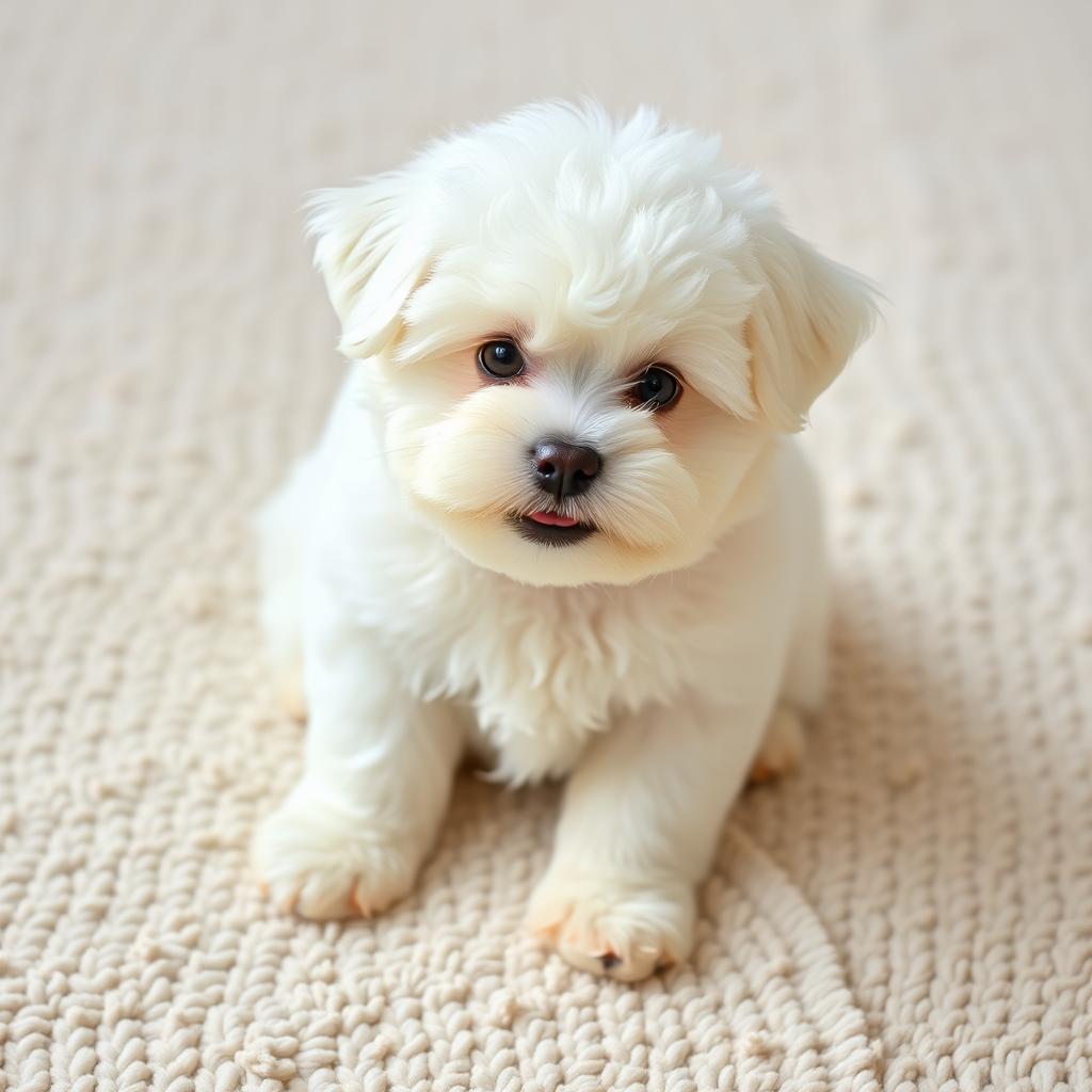A cheerful Bichon Frise puppy sitting on a rug, looking alert and friendly.